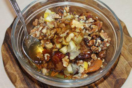 Honey vitamin paste with dried fruits and nuts