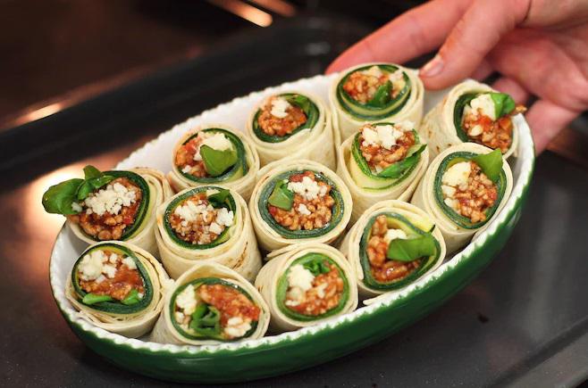 Zucchini rolls with minced meat and mozzarella