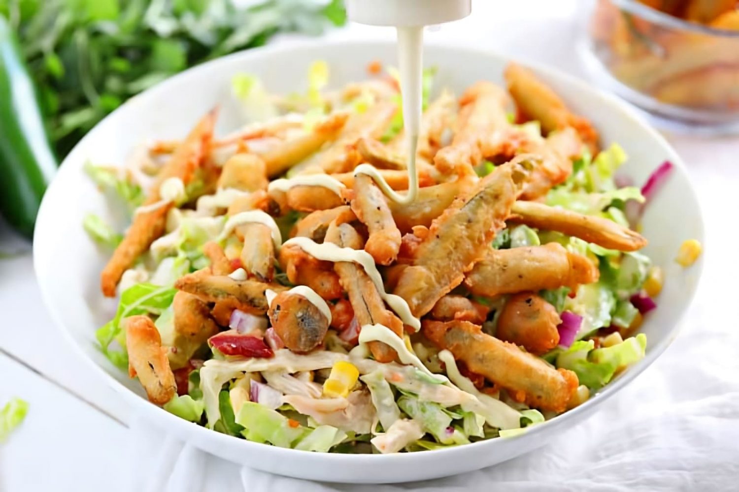 Delicious chicken salad with Crispy Fried Jalapenos and Jalapeno Ranch Dressing