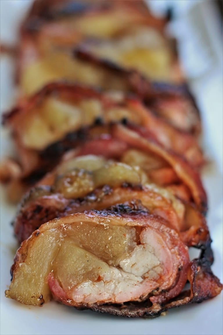 Amazingly Juicy Bacon Wrapped Pork Tenderloin with Apples